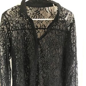 Long sleeve sheer lace button down blouse
